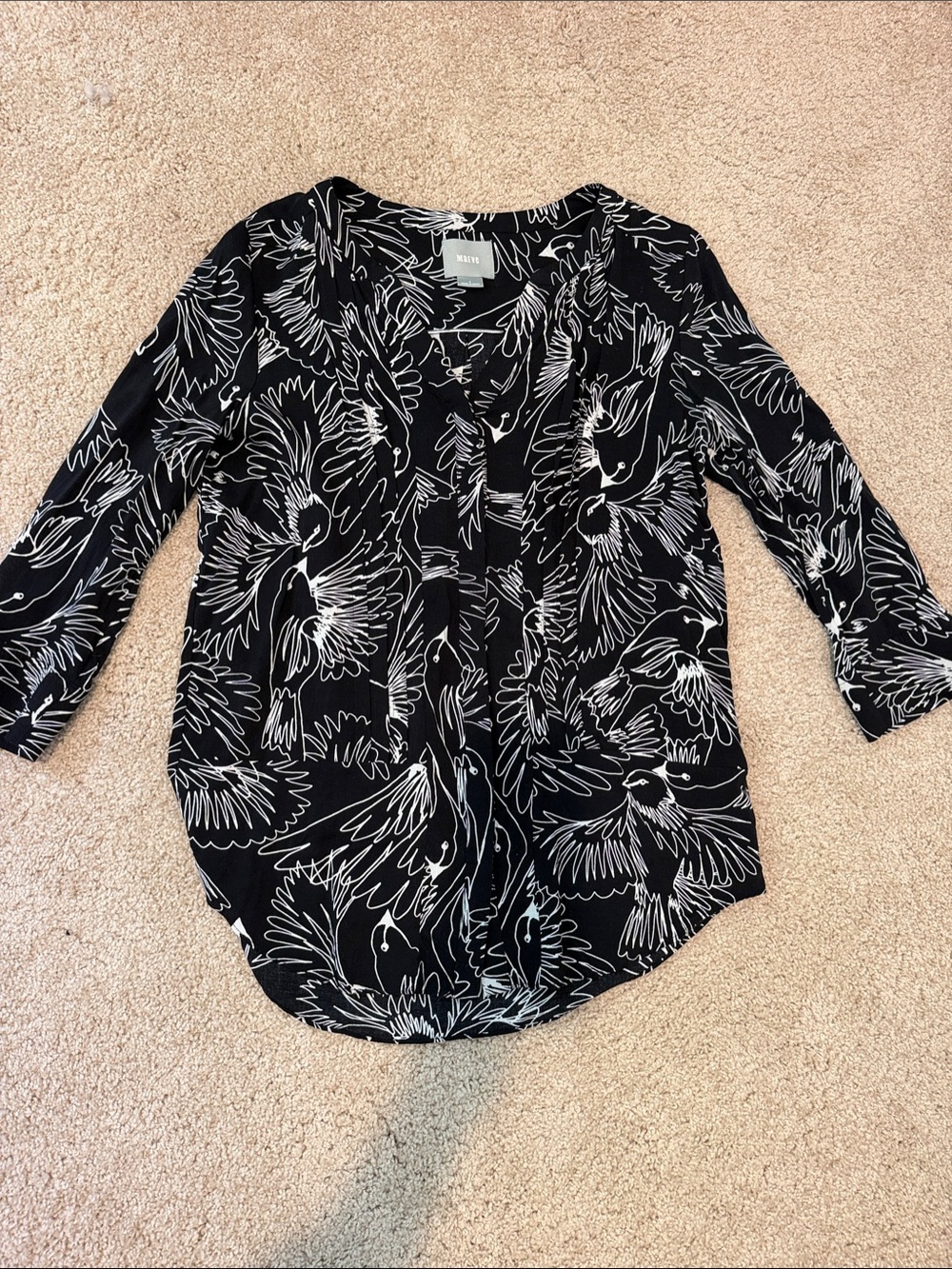 Maeve Black and White Bird-Print V-Neck Blouse